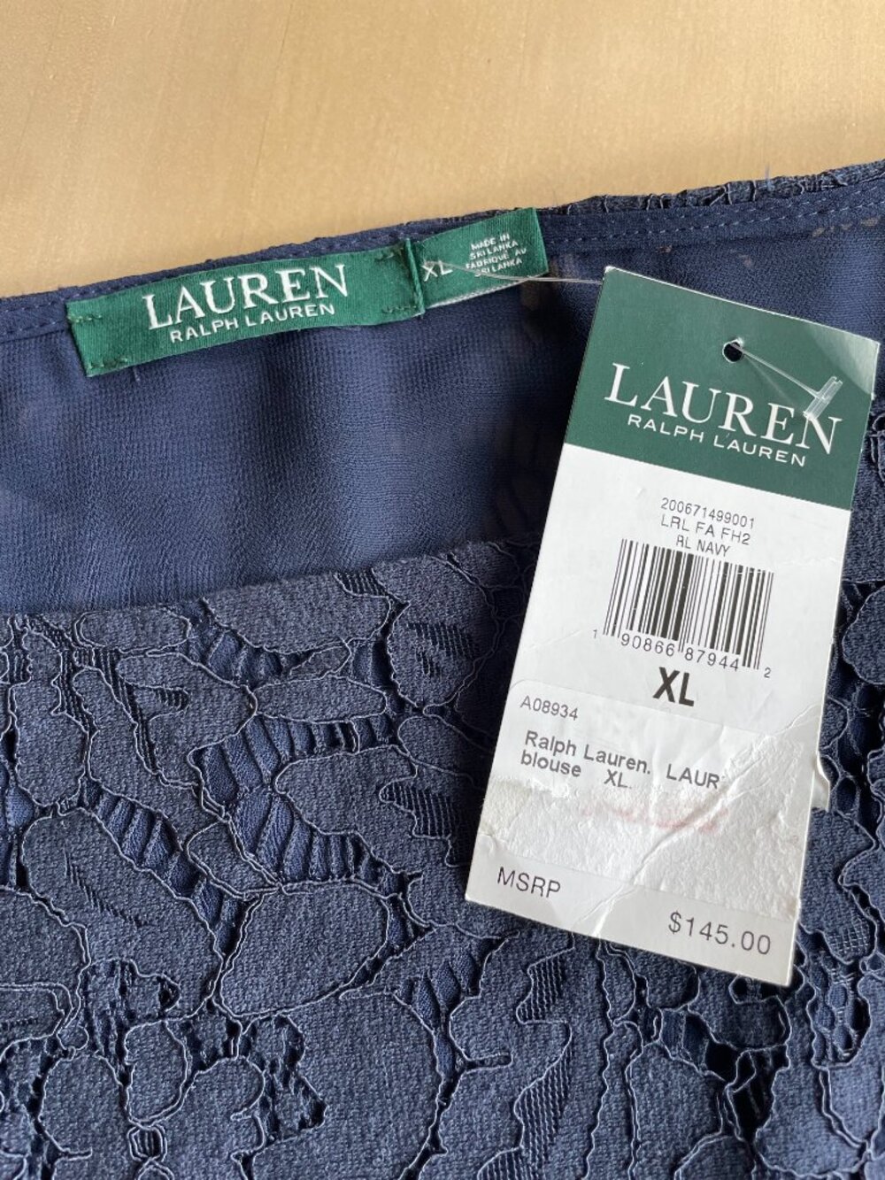 Entire Closet $5! $145 NEW Lauren Ralph Lauren Navy Blue Lace Bell Sleeve Top - Picture 7 of 13